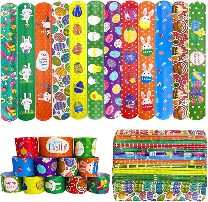 JoFAN 48 PCS Easter Slap Bracelets Toys for Kids Boys Girls Toddlers Easter Basket Stuffers Egg Fillers Gifts Party Favors