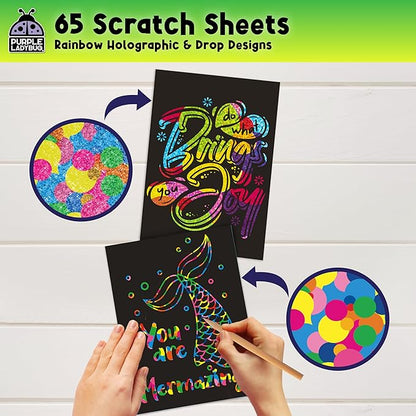 PURPLE LADYBUG Rainbow Scratch Art Paper, 79 PCS Creative Drawing Paper & Stencils - Arts and Crafts for Ages 4-12, Kids Craft Activity Set, Easter Basket Stuffers for Kids, Summer Wedding Activities
