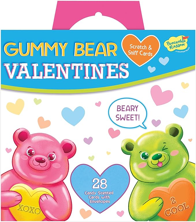 Peaceable Kingdom Valentines Cards for Kids Classroom, Set of 28 Valentines Day Gifts - Gummy Bear Scratch and Sniff Scented Candy Heart Valentines