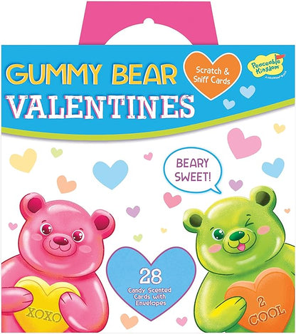 Peaceable Kingdom Valentines Cards for Kids Classroom, Set of 28 Valentines Day Gifts - Gummy Bear Scratch and Sniff Scented Candy Heart Valentines