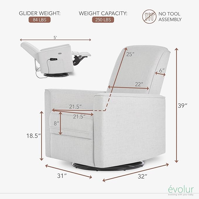 Evolur Harlow Deluxe Upholstered Plush Seating Glide Rocker, Swivel, Power Recliner USB Port with in-Built Massager, Greenguard Gold Certified, Glider Chair for Nursery in Fog Grey