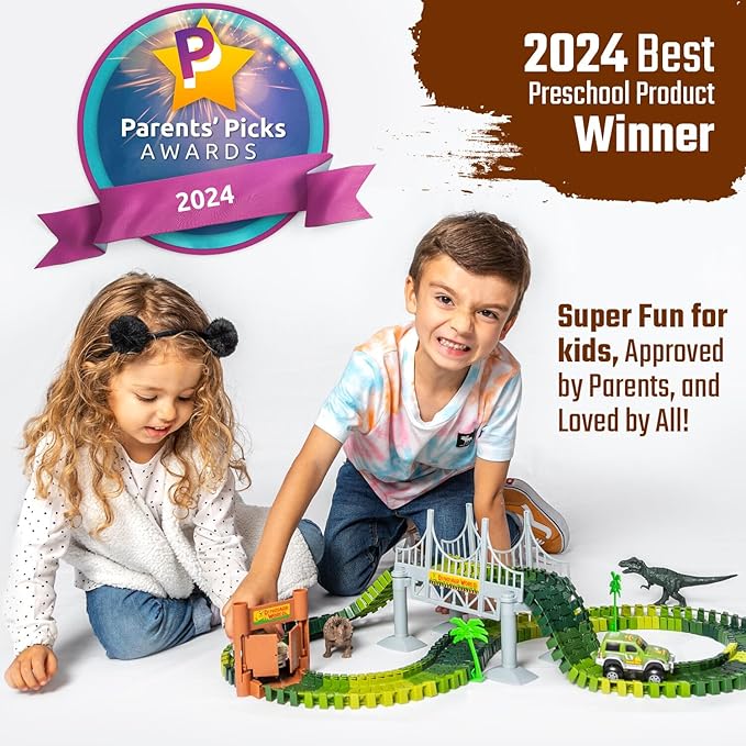 JITTERYGIT Dinosaur Jurassic Race Track Train Glow in The Dark World Toy Set, Kids Dino Racetrack Park Includes T-Rex & Triceratops Playset - Best Birthday Gift for Boys & Girls 3 4 5 6 7 8 Year Old