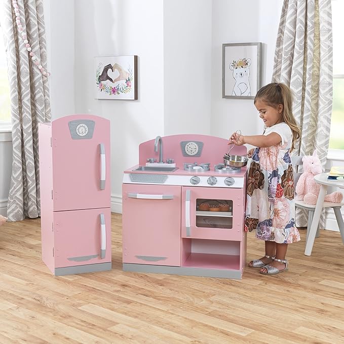 KidKraft Retro Wooden Play Kitchen and Refrigerator 2-Piece Set with Faucet, Sink, Burners and Working Knobs, Pink, Gift for Ages 3+
