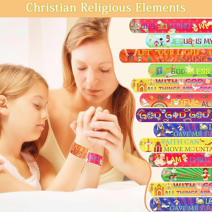 JUNEBRUSHS 56 Pcs Religious Slap Bracelets Christian Gifts for Kids, Jesus Love You Wristbands Snap Bracelets for Christian Stocking Stuffers Sunday School Gifts Happy Birthday Jesus Party Supplies