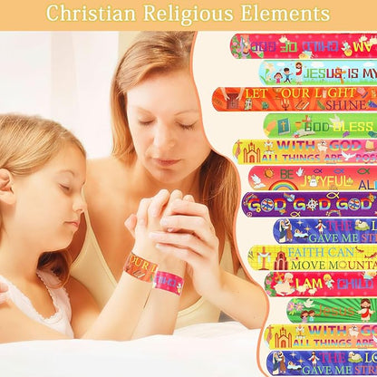 JUNEBRUSHS 56 Pcs Religious Slap Bracelets Christian Gifts for Kids, Jesus Love You Wristbands Snap Bracelets for Christian Stocking Stuffers Sunday School Gifts Happy Birthday Jesus Party Supplies