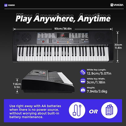 Vangoa 61 Key Keyboard Piano, Light-Up Electric Piano Keyboard Kit with 600 Voices, 400 Rhythms with Piano Stand, Microphone, Recording/USB, Gift for Beginners, Black (VGK6101)