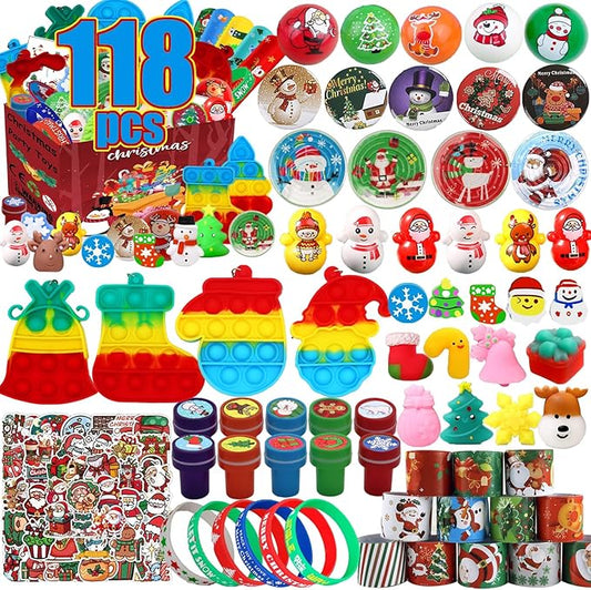 118 Pcs Christmas Party Favors for Kids, Goodie Bag Stuffers, Pop Fidget Toys, Treasure Box Toys, Classroom Prizes, Goody Bags, Christmas Stocking Stuffers for Kids
