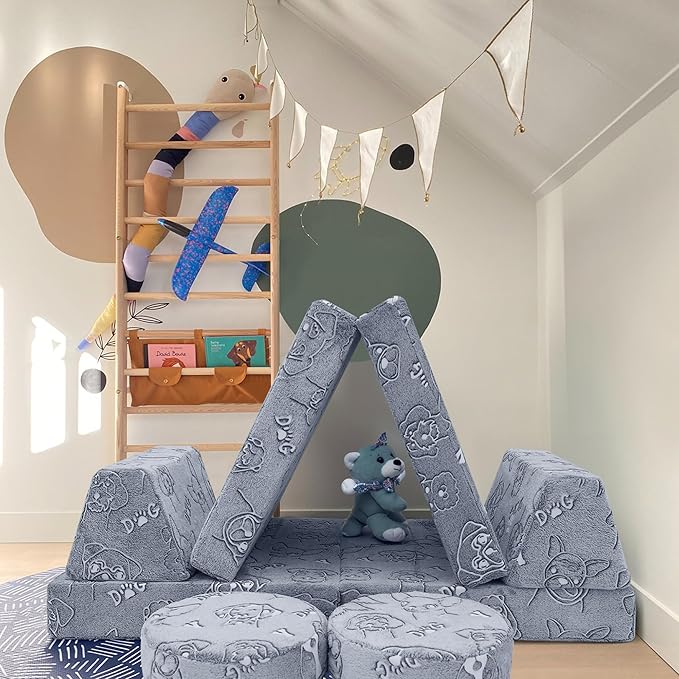 MeMoreCool Glow-in-The-Dark Dog Pattern Kids Play Couch, 8-Piece Modular Fold-Out Toddler Sofa for Playroom Fun