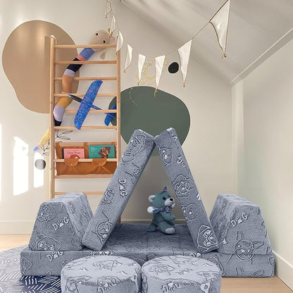 MeMoreCool Glow-in-The-Dark Dog Pattern Kids Play Couch, 8-Piece Modular Fold-Out Toddler Sofa for Playroom Fun