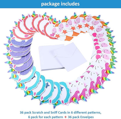 36 Pieces Unicorn Valentines Day Scratch and Sniff Cards for Kids, 6 Style Unicorn Scents Scratch and Sniff Exchange Present Cards for School Classroom Supplies Children Party Favors with 36 Envelopes