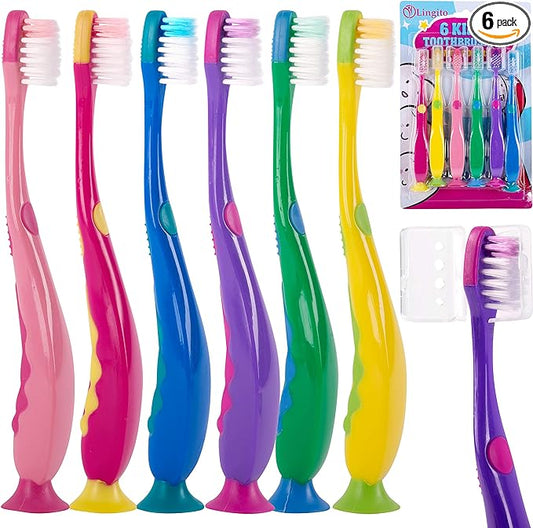 Kids Toothbrush Suction Cup with Covers, Toddler Toothbrush Soft Bristles, Child Toothbrush Suction Cups For Easy Access, Toddler Toothbrushes Handles Perfect For Tiny Hands of Boys and Girls (6 Pack)