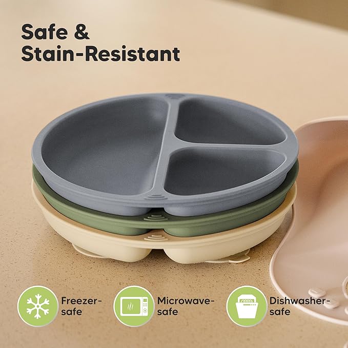 KeaBabies Suction Plates for Baby, Toddler - 3-Pack 100% Silicone Toddler Plates, Divided Baby Plates with Suction, Silicone Plates for Baby, Kids, BPA-Free, Microwave, Dishwasher Safe (Slate)