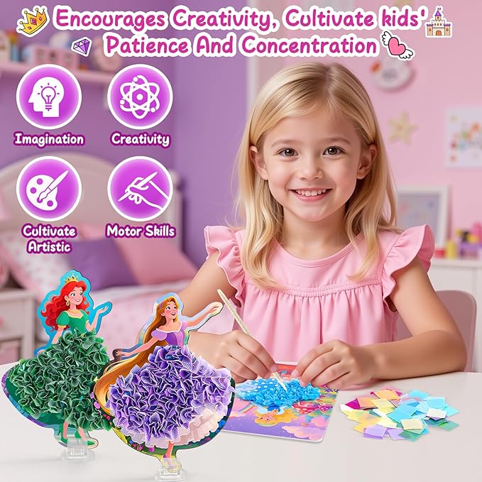 8PCS Poke Art Kits - Magical Princesses, Mess-Free Fabric Creative Art, DIY Arts and Crafts Toys for Kids Ages 3-12, Birthday Gifts & Party Favors for Girls & Boys 4, 5, 6, 7, 8, 9 Years Old