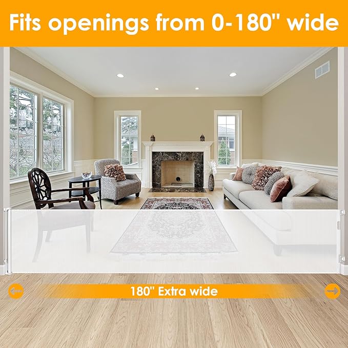 180 Inch Extra Wide Retractable Baby Gates Extra Wide Dog Gates for The House Extra Wide Pet Gates for Dogs Extra Wide Baby Gates Extra Long Baby Gates for Large Openings Extra Large Pet Gate