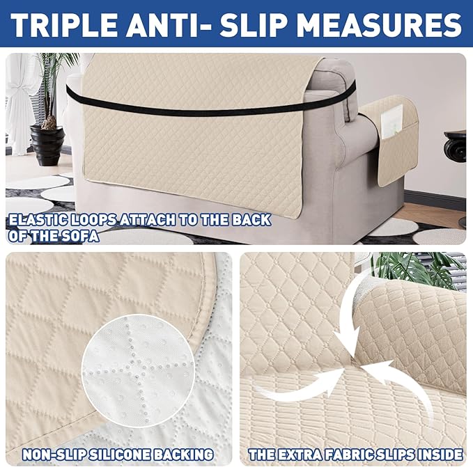 XINEAGE Quilted Chair Sofa Cover Waterproof Chair Covers for Armchair, Super Soft Washable Slipcover with Pockets & Non-Slip Elastic Straps, Thick Furniture Protector (Chair, Beige)