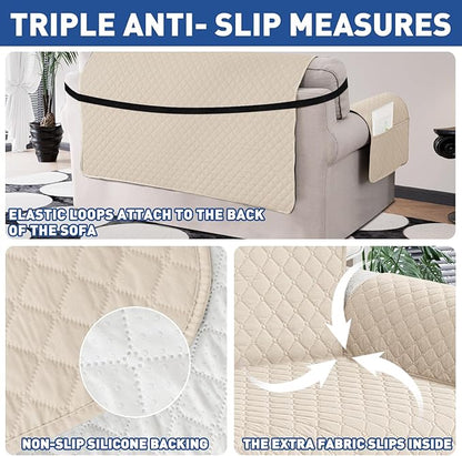 XINEAGE Quilted Chair Sofa Cover Waterproof Chair Covers for Armchair, Super Soft Washable Slipcover with Pockets & Non-Slip Elastic Straps, Thick Furniture Protector (Chair, Beige)