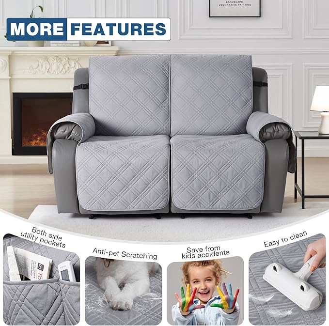 TAOCOCO 100% Waterproof Loveseat Recliner Cover with Anti Slip Backing, Split Loveseat Covers for Reclining Loveseat with Elastic Straps Furniture Protector for Kids Pets(2 Seater, Light Grey)