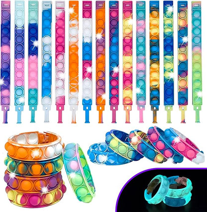 60 PCS Bracelets Glow in The Dark Pop it Fidget Toy, Rainbow Party Favors, Stress Relief Wristband Set, Push Bubbles Sensory Autistic Pack Kids Ages 5 8 12 Adult Student Gift