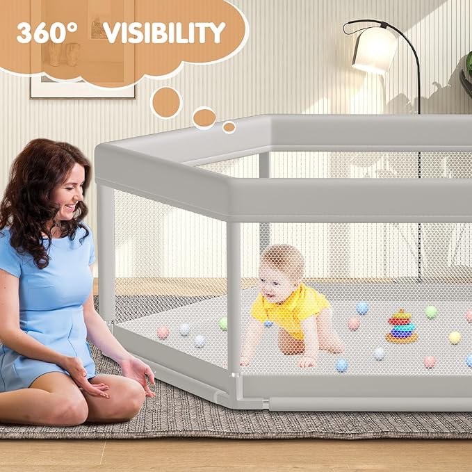 Hiaksedt Large Baby Playpen 65x65 Inch, Play Pens for Babies and Toddlers Hexagonal Type Baby Play Yards for Indoor & Outdoor with Breathable Mesh Anti-Fall