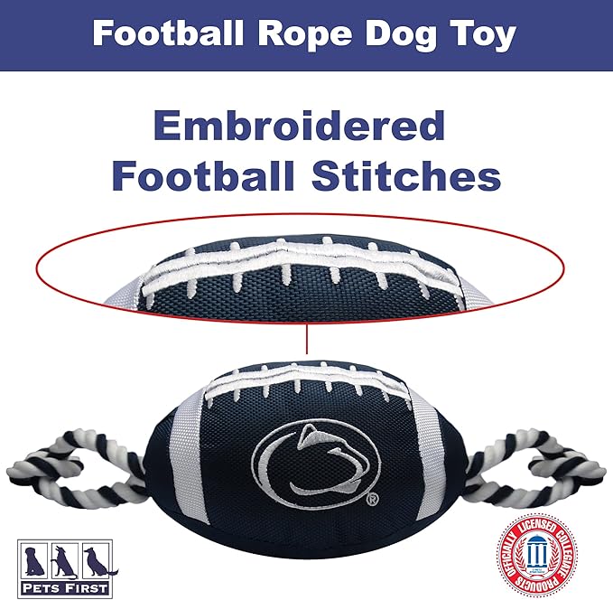 Pets First NCAA Penn State Nittany Lions Football Dog Toy, Tough Quality Nylon Materials, Strong Pull Ropes, Inner Squeaker, Collegiate Team Color