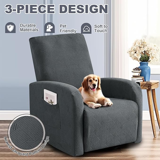 JIVINER Small Recliner Chair Covers, 3 Piece Slipcovers for Large Recliner Chair Soft Jacquard Reclining Chair Protector Slipcovers for Dogs,Cats (Recliner Small, Dark Gray)