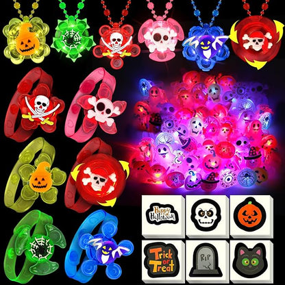 84 PCS Halloween Party Favors for Kids, Halloween Glow in the Dark Toys Rotating Spin Light Up Bracelets Necklaces Rings Decorations, Halloween Trick or Treats Goodie Bag Fillers Party Supplies