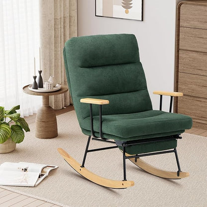 Rocking Chair with Footrest-Glider Rocker Chair with Retractable Footrest and Adjustable Backrest, Teddy Upholstered Rocking Chair, Modern Accent Chair for Living Room/Nursery/Bedroom/Outdoor-Green