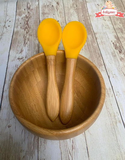 Baby Spoons Bamboo Feeding Spoon 5.5" with Silicone Tip BPA Free Toddler Food Spoons Yellow 2 PACK