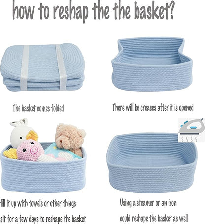 XUANGUO Small Woven Storage Baskets 12“X8”X5“ Decorative Rope Bins for Organizing Shelves, Closets, and Toys, Empty Gift Baskets, Cute Organizer Basket for Home and Office (blue, regular)