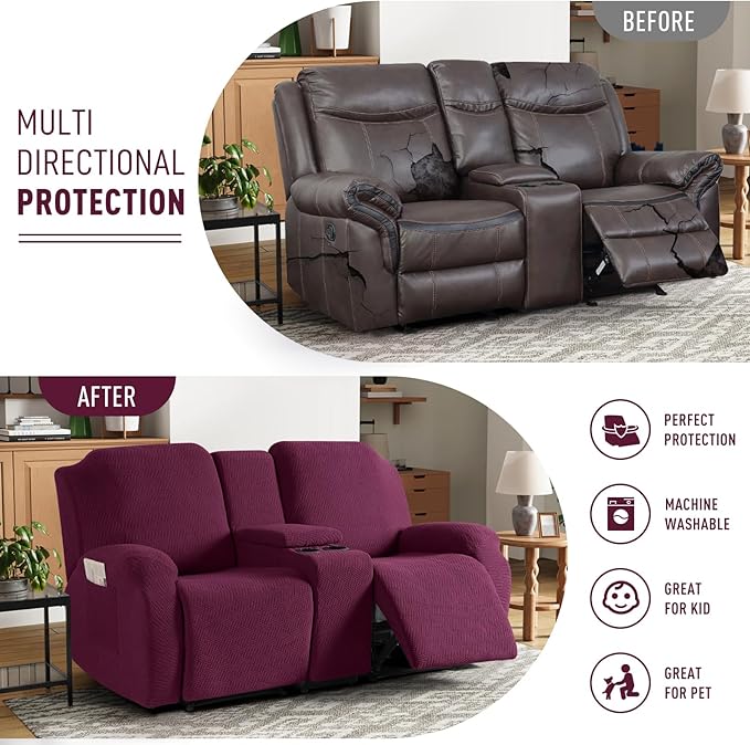 KinCam Loveseat Recliner Covers with Middle Console Slipcover, Recliner Sofa Covers 2 Seat Couch Cover Stripe Jacquard Furniture Protector Covers with Elastic Bottom for Kids, Pets (Burgundy)