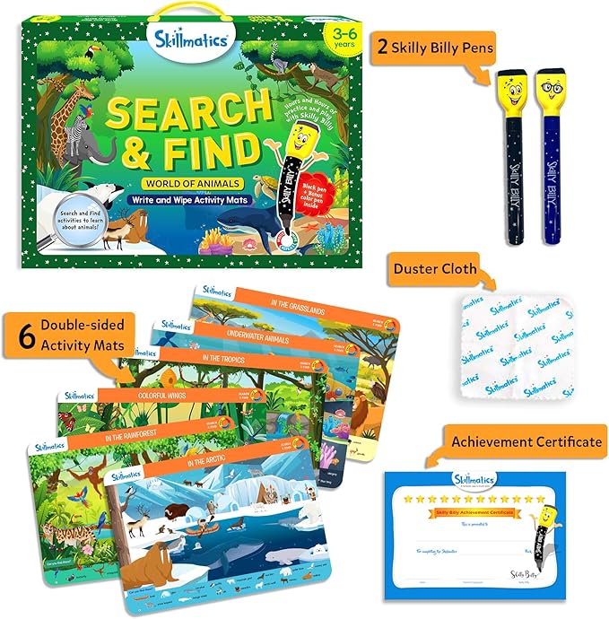 Skillmatics Preschool Learning Activity - Search and Find Animals, Educational Game, Reusable Toys, Travel, Gifts for Toddlers, Kids Ages 3, 4, 5, 6