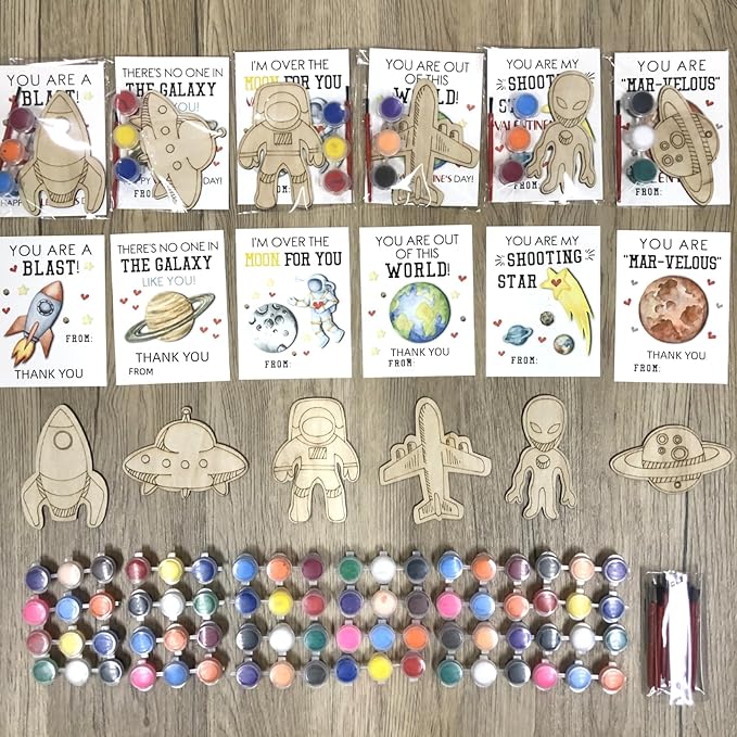 GEECOZYLIFE Thank You for Coming Gifts for Kids - 24 PCS Space Cards with Art Supplies - Space Wood Painting Craft Kits - Kids Christmas Birthday Boys Girls Gifts Bulk - Space Party Favors