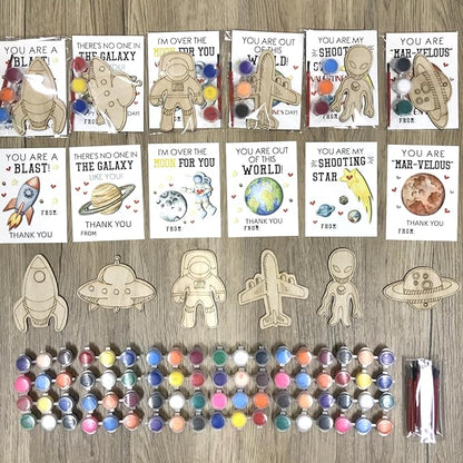GEECOZYLIFE Thank You for Coming Gifts for Kids - 24 PCS Space Cards with Art Supplies - Space Wood Painting Craft Kits - Kids Christmas Birthday Boys Girls Gifts Bulk - Space Party Favors