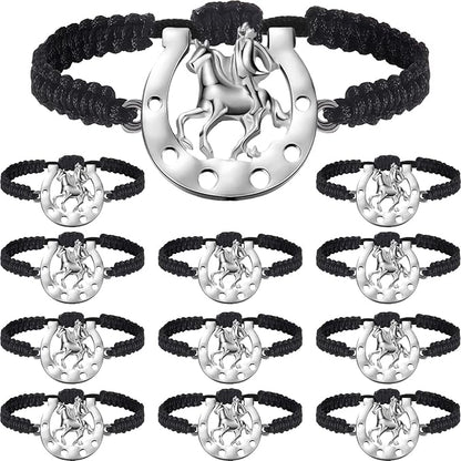 Junkin Horse Bracelets Horse Party Favors Black Braided Bit Charm Handmade String Bangle Kentucky Horse Jewelry Derby Party Supplies Equestrian Gifts for Teen Girls Boys (Cowboy Style, 12 Pieces)