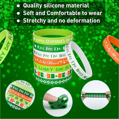 Morcheiong 42 Pieces St. Patrick's Day Shamrock Rubber Bracelets Classic Silicone Wristbands for Kids Adults Green Irish Day Party Supplies
