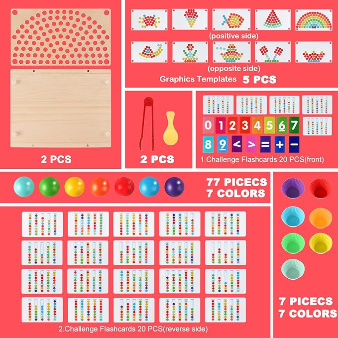 INIFEIDALA Montessori Toddler Learning Sorting Toys for 3-6 Year Olds - Rainbow Stacking, Number & Bead Matching Games with Wooden Peg Board, Develop Fine Motor Skills, Color & Math Skills