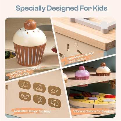 ROBUD Wooden Kids Oven, Realistic Wooden Play Kitchen Set, Pretend Play Kitchen Accessories Toy Kitchen Set for Kids with Cupcakes, Pizza, Tray – Best Gift for Boys & Girls