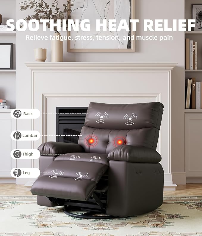 Electric Recliner Chair - 360° Rocker Swivel Recliner with Heat and Massage, PU Leather Large Recliner for Adults, Comfortable Lazy Chair with 1.5X Sponge Filling for Living Room