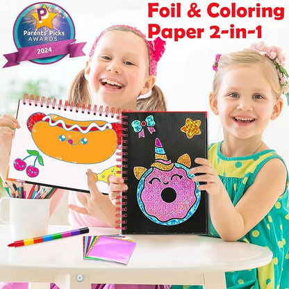 Foil Art Craft Activity for Kids: Fun DIY Toy Sticker Kit, No Mess Creative Travel Supply Set, Idea Birthday Easter Basket Stuffers Valentines Gift for Girl Boy Toddler 4 5 6 7 8 9 Year Old (Food)