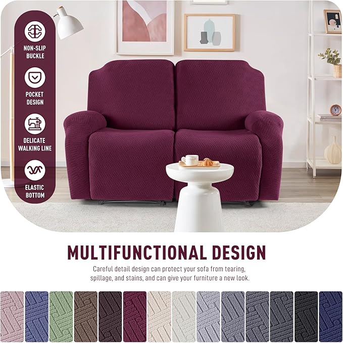 KinCam Recliner Covers, Stretch Reclining Chair Covers, Recliner Sofa Slipcovers Stripe Jacquard Recliner Couch Covers Furniture Protector Covers for Pet Kid (2 Seater, Wine)