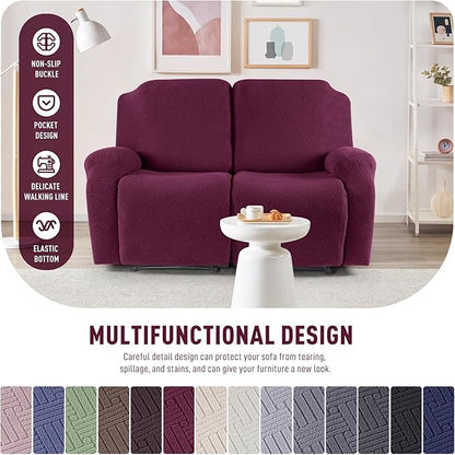 KinCam Recliner Covers, Stretch Reclining Chair Covers, Recliner Sofa Slipcovers Stripe Jacquard Recliner Couch Covers Furniture Protector Covers for Pet Kid (2 Seater, Wine)