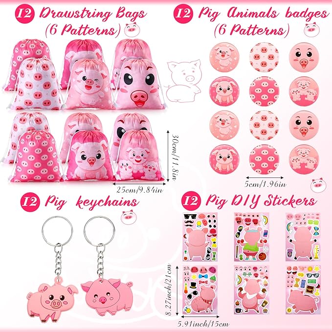 Nezyo 140 Pcs Pig Party Favors for Kids Include Pig Goodie Bags Bracelets Badges Keychains Spiral Notepads Pink Pencils and DIY Stickers for Girls Boys Birthday Baby Shower Pig Party Supplies