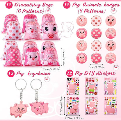 Nezyo 140 Pcs Pig Party Favors for Kids Include Pig Goodie Bags Bracelets Badges Keychains Spiral Notepads Pink Pencils and DIY Stickers for Girls Boys Birthday Baby Shower Pig Party Supplies