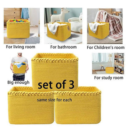 COMFY-HOMI 3Pack Small Woven Cotton Rope Basket for Organizing, Gift Baskets for Handles, Empty Gift Baskets, Medium Rope Basket|13.5" x 11" x 9.5" home decor for Living Room, Bathroom