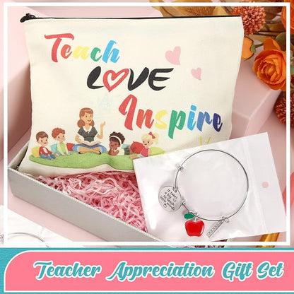 8 Pcs Teacher Appreciation Gift Set for Women, 4 Teacher Makeup Pouch Cosmetic Bags and 4 Bangle Bracelets, Christmas Valentines Thank You Gifts for Teacher (Teach Love Inspire)