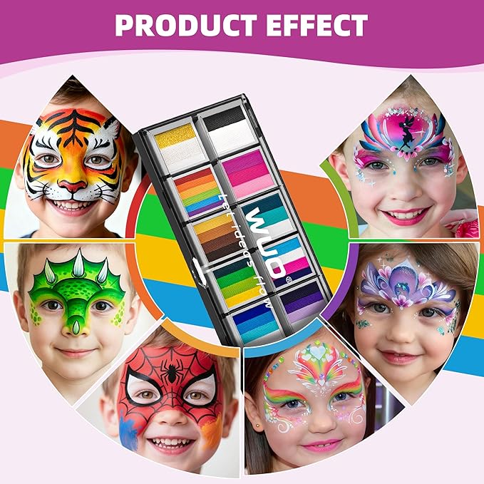WUO Professional Face Painting Kit for Kids Adults, 12x10g+4 Colors Split Cake Palette with Stencils Sponge, Non-Toxic Water-Activated Rainbow Body Face Paint Makeup for Halloween Christmas Partie