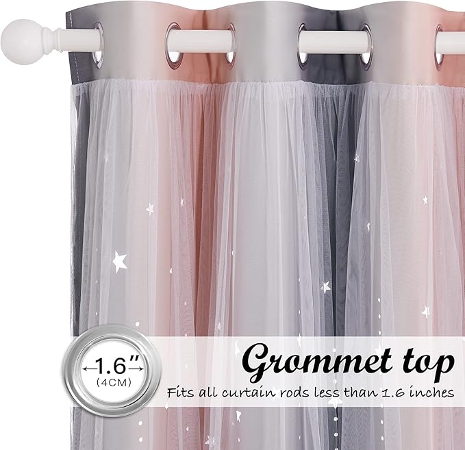 NICETOWN Blackout Moon Stars Kids Curtains for Girls Bedroom Aesthetic Decor Colorful Cute Double Layer Stripe Rainbow Window Wall Home Decoration Curtain, 2 Panels, W52 x L84 Inches, Pink & Grey