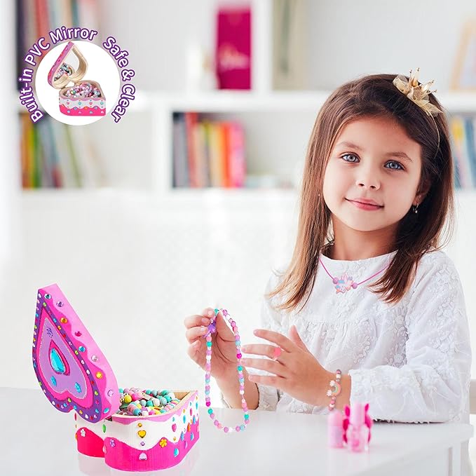 Paint Your Own Jewelry Box & Jewelry Making Kit - Arts and Crafts Painting Kits for Kids Girls Age 6-8, 250 PCS Wooden Beads Bracelets Making Kit Toys Gifts for Christmas Birthday 8-12 Years Old