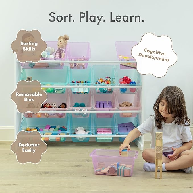 Humble Crew Toy Storage Organizer with 16 Removable Storage Bins for Kids Playroom, 4-Tier Toddler Toy Organization and Storage, White/Purple/Pink/Blue