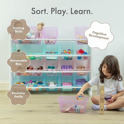Humble Crew Toy Storage Organizer with 16 Removable Storage Bins for Kids Playroom, 4-Tier Toddler Toy Organization and Storage, White/Purple/Pink/Blue